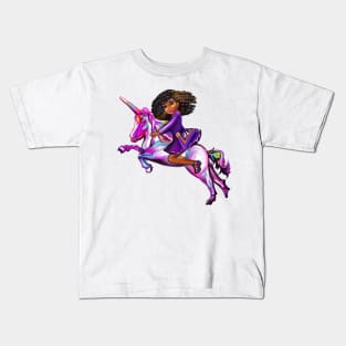 Curly hair Princess on a unicorn pony, lit up- black girl with curly afro hair on a horse Kids T-Shirt